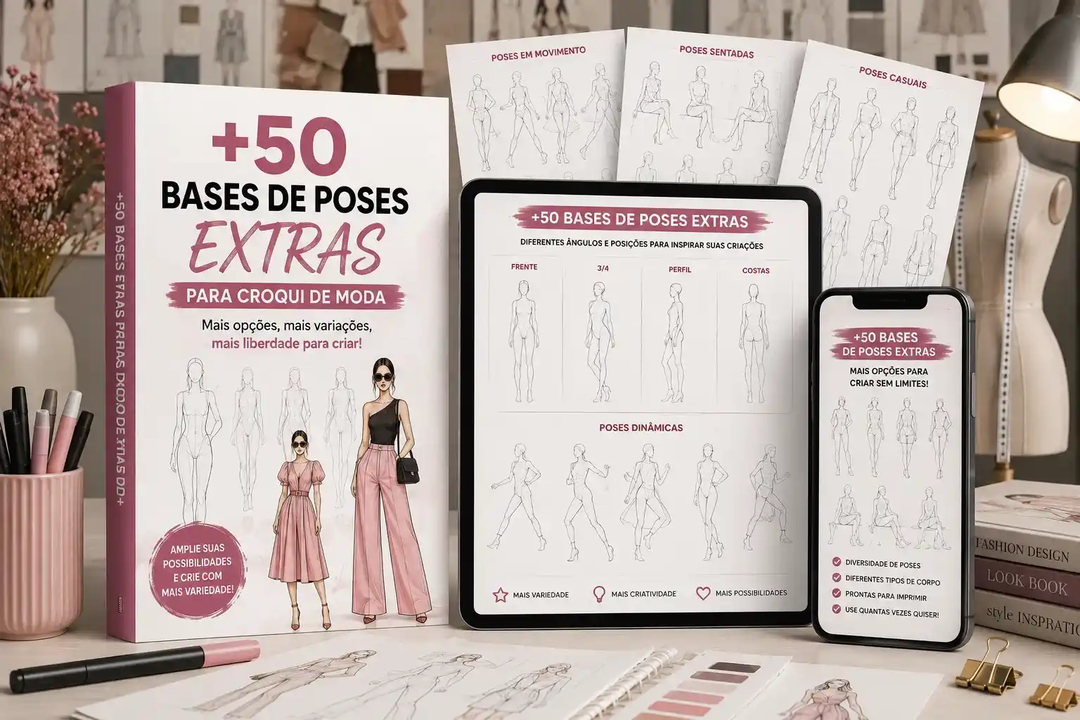Mockup do bônus +50 Bases de Poses Extras