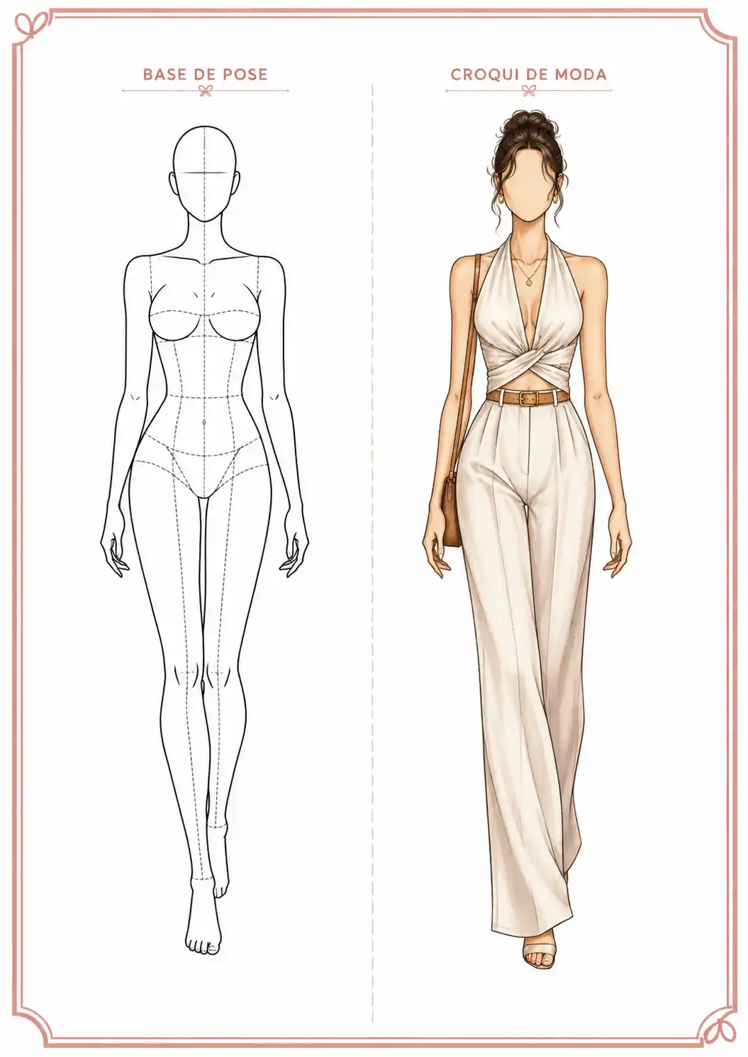 Base de pose feminina ao lado do croqui de moda finalizado