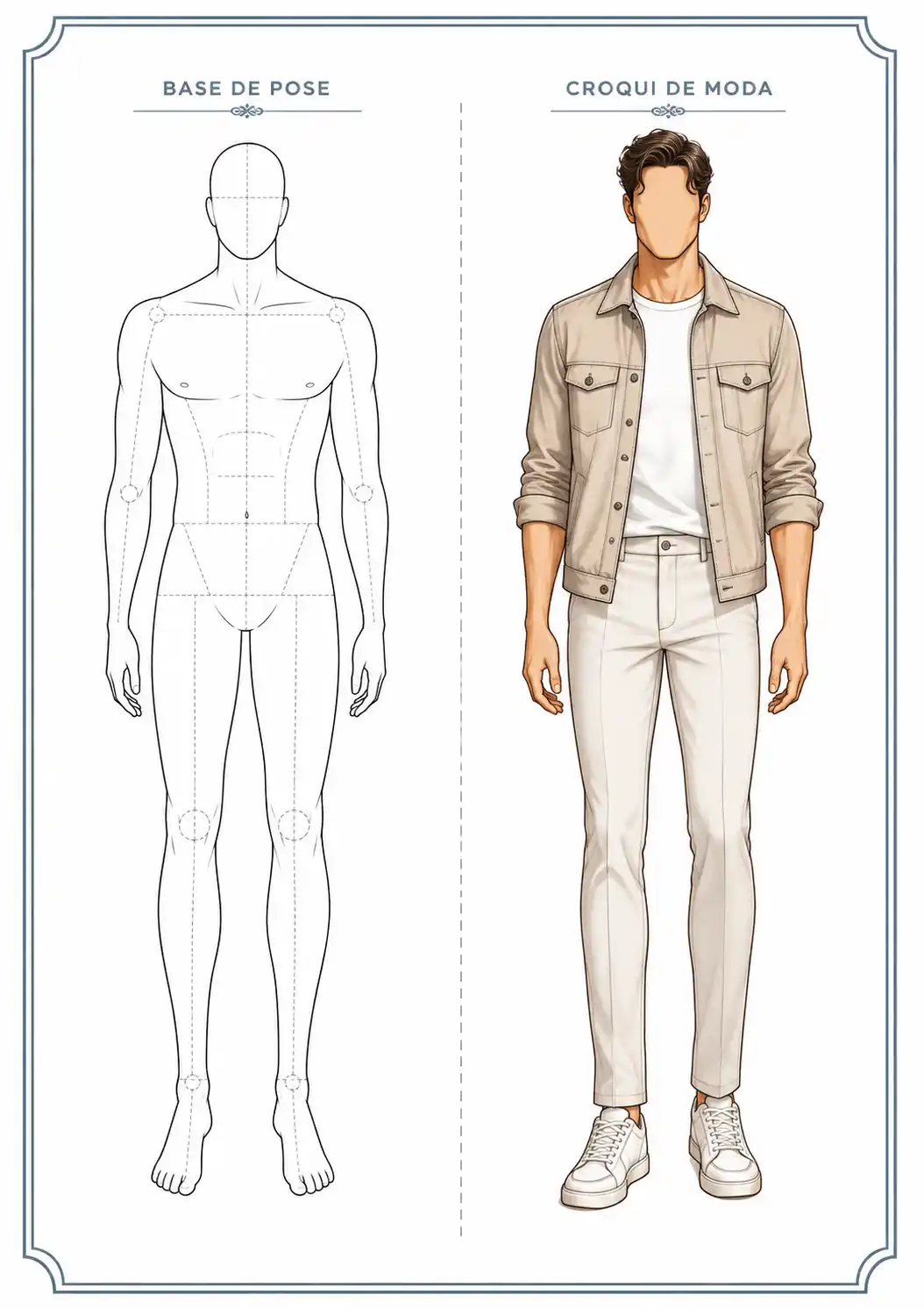 Base de pose masculina ao lado do croqui de moda finalizado