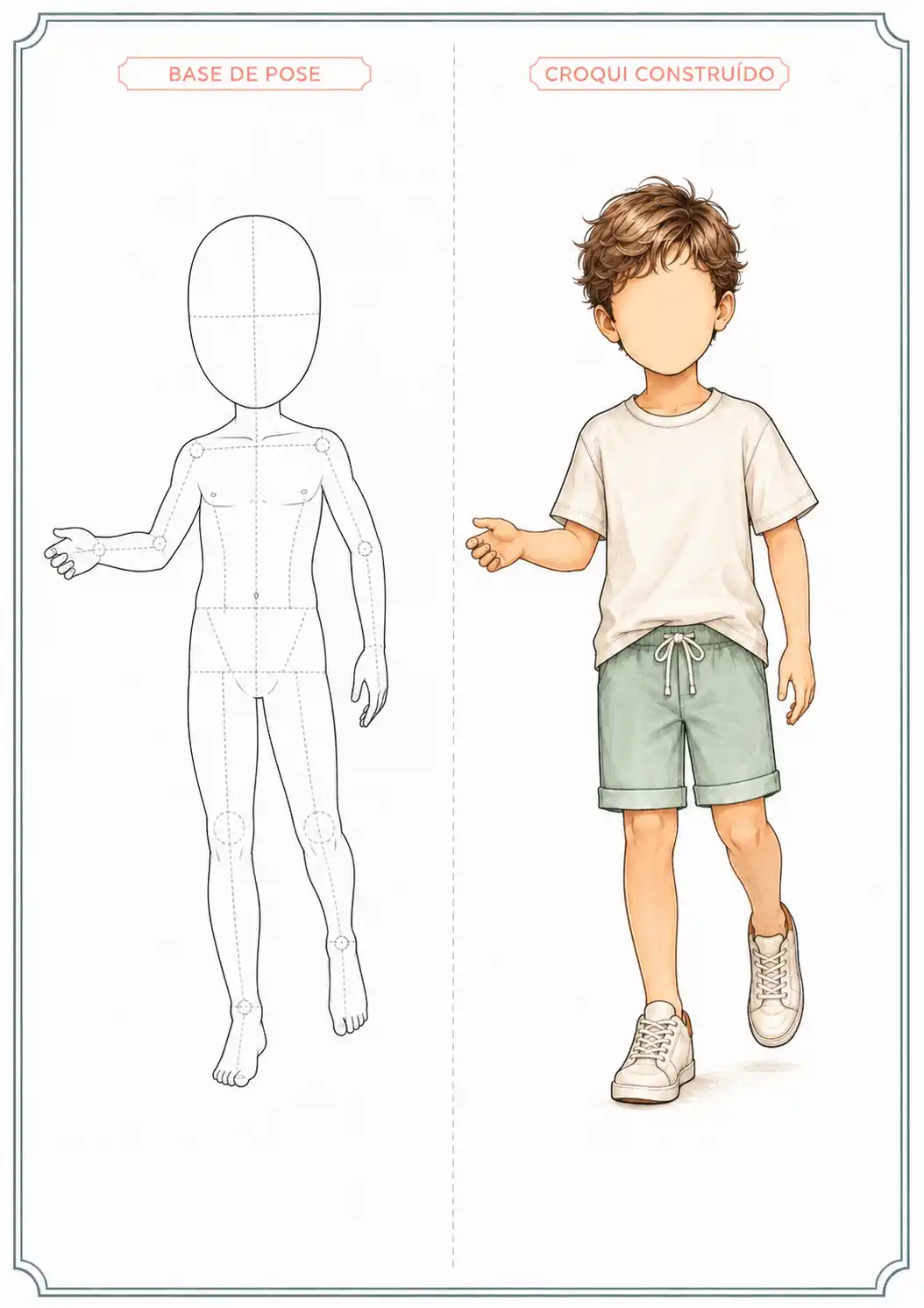 Base de pose infantil ao lado do croqui de moda finalizado